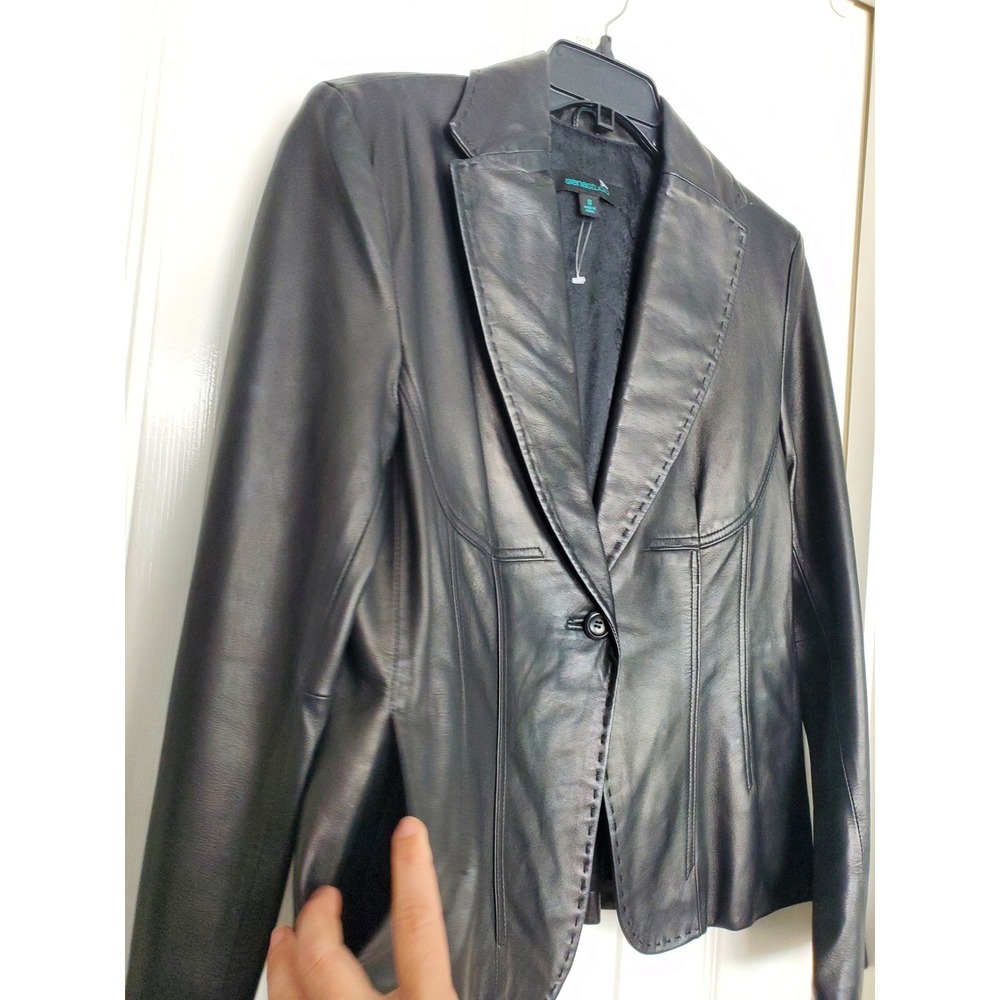 Siena Studio 90s Leather Blazer Black Whipstitch One Button Jacket Size 8 - Picture 5 of 8